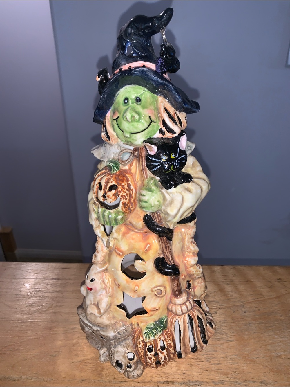 Votive Holder Green Witch Halloween Ceramic Figurine with Black Cat
